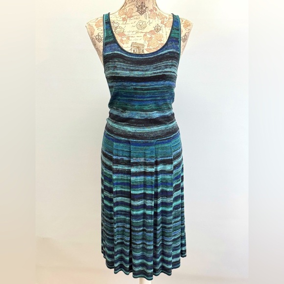 MARC NEW YORK Blue and Green Striped tank knit pleated midi dress size S - Picture 1 of 14